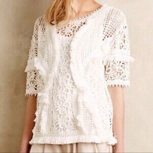 Anthropologie Yoana Baraschi Top White Lace Crochet Fringe Trim Short Sleeve XS